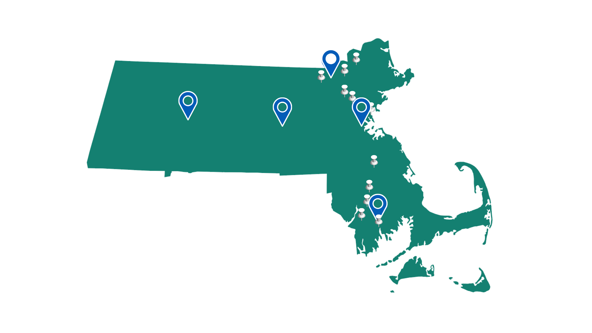 Pins on Map of Massachusetts show the locations of UMass campuses and early college partner high schools. 